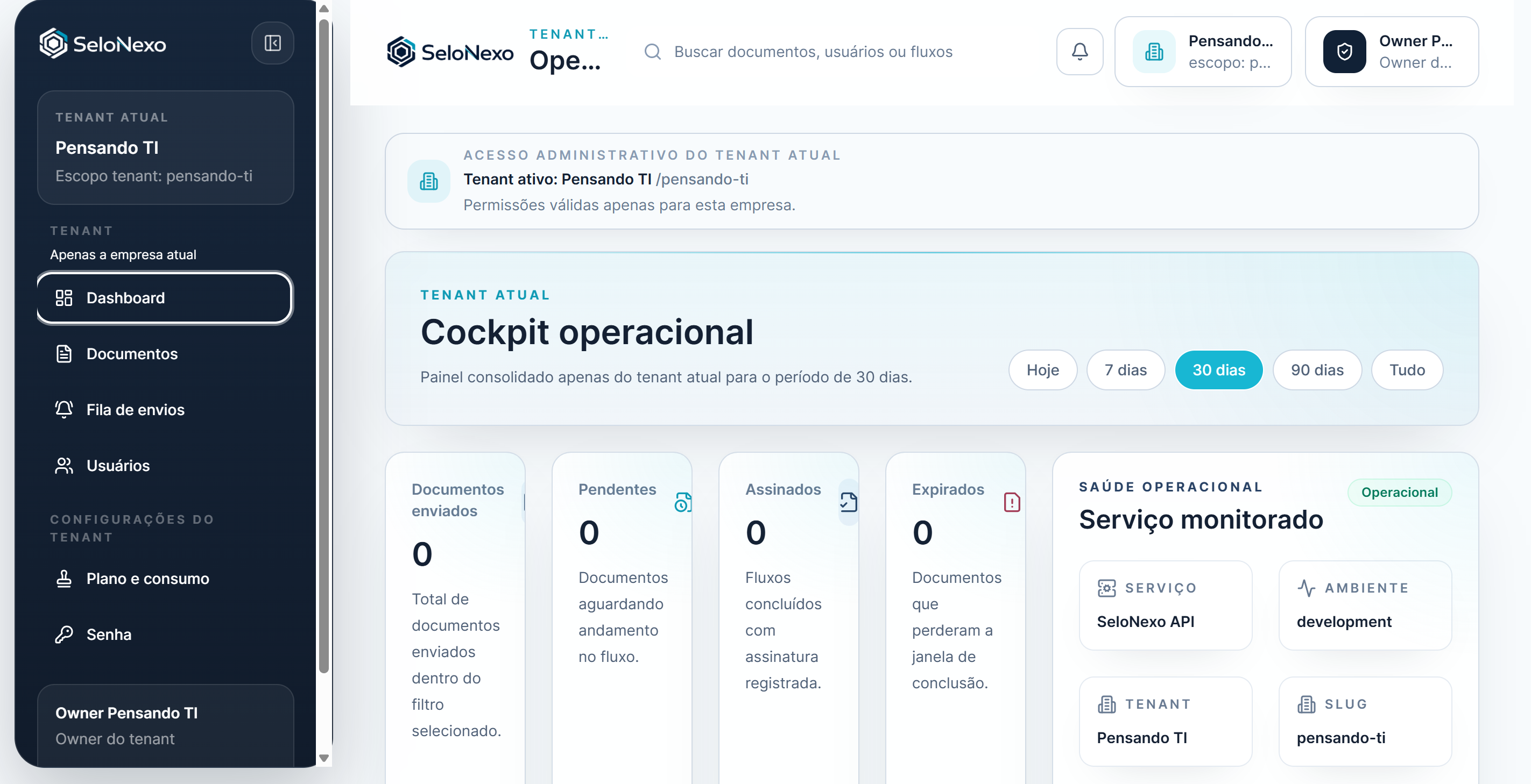 Dashboard operacional do SeloNexo com monitoramento de documentos, fluxos, tenant e saúde do serviço